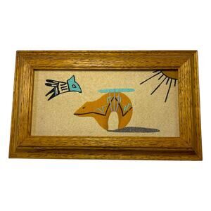 Vintage Southwestern Sand Art Framed Picture Native Pottery Bird Desert Decor